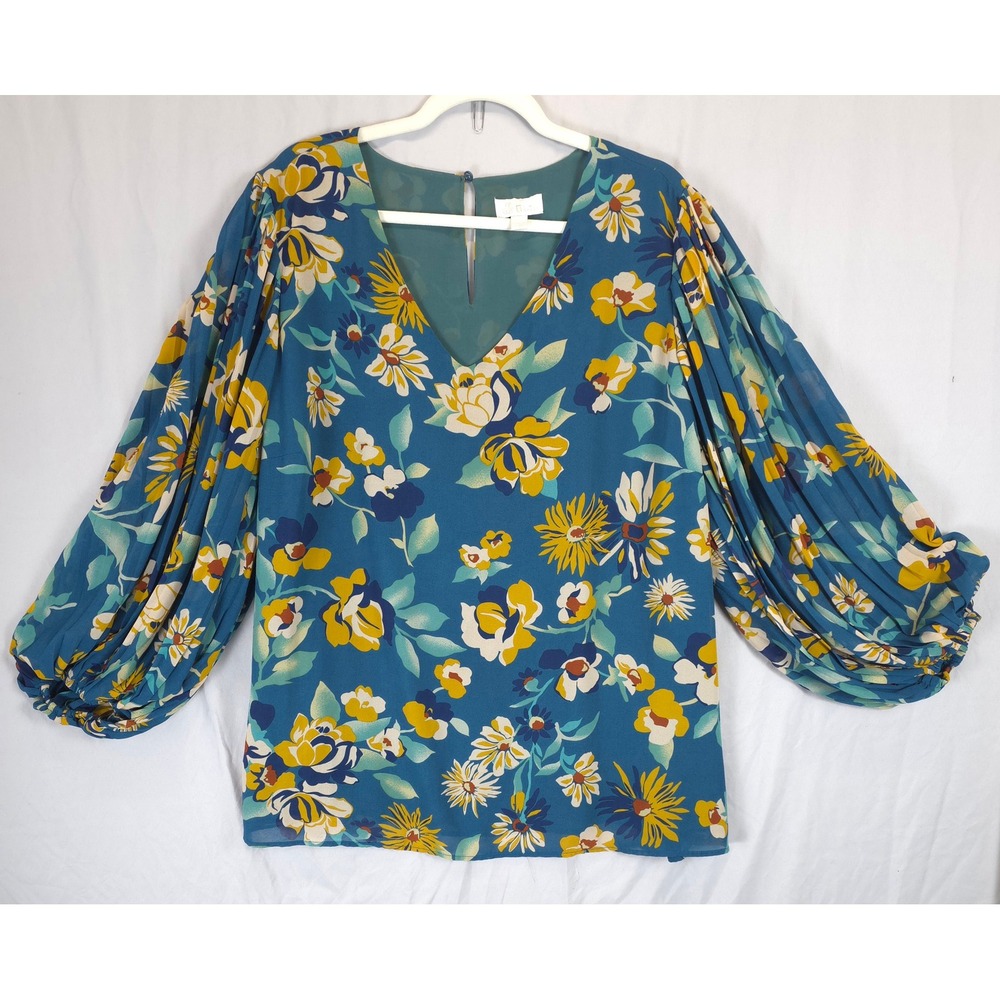 Belle Kim Gravel Floral Blouse Women 2X Teal Balloon Sleeve Feminine Romantic